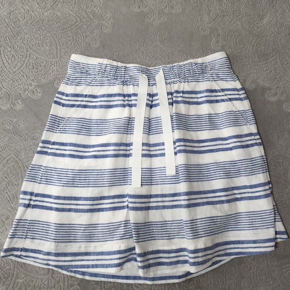J Crew Elastic Waist Blue White‎ Striped Linen Mini Skirt Size 0 - Picture 1 of 10